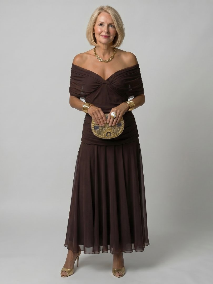 Denise | Robe midi fluide à épaules dénudées
