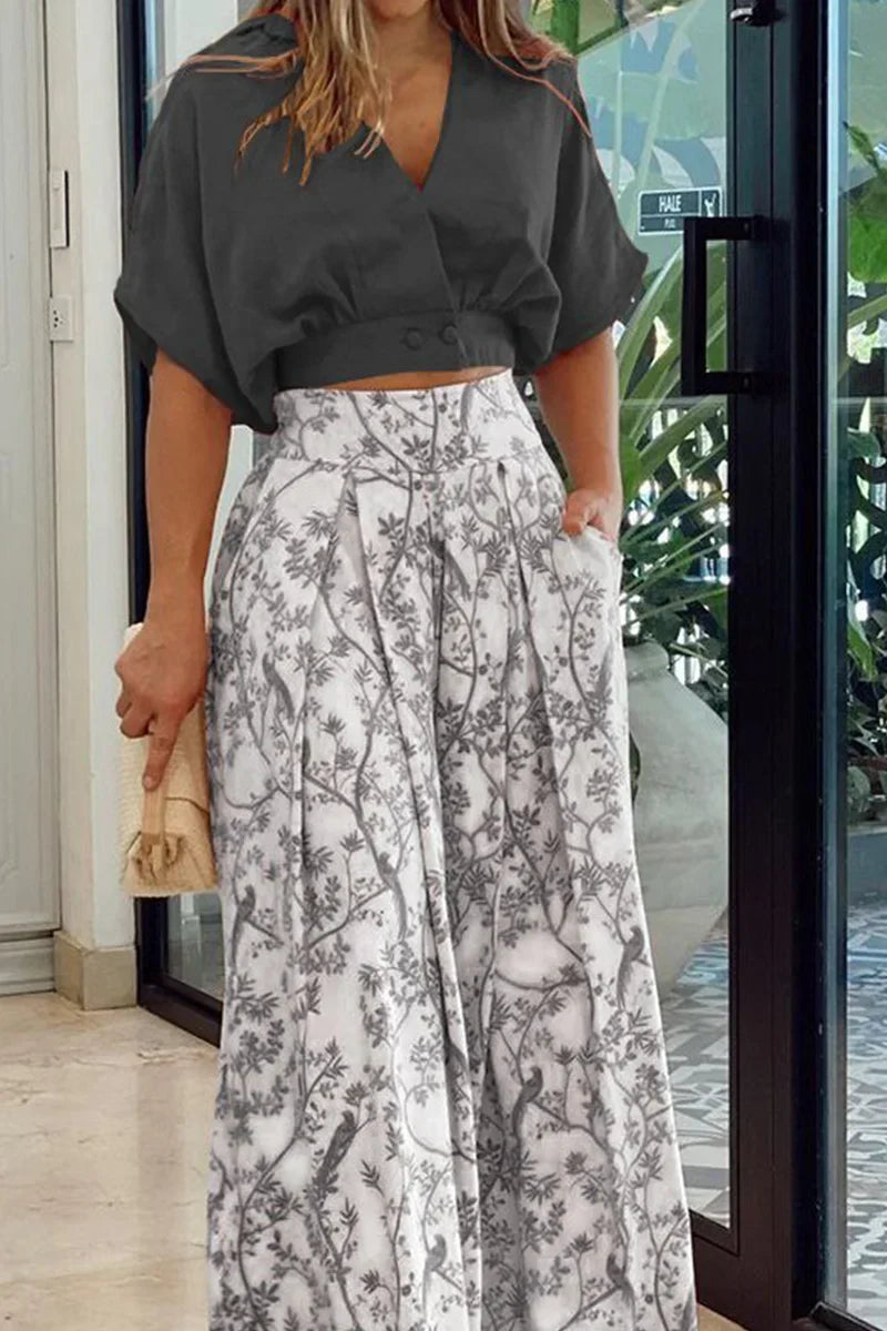 Conjunto De Top Corto con Mangas Abullonadas y Pantalón Ancho para Mujer | Ideal para Uso Diario