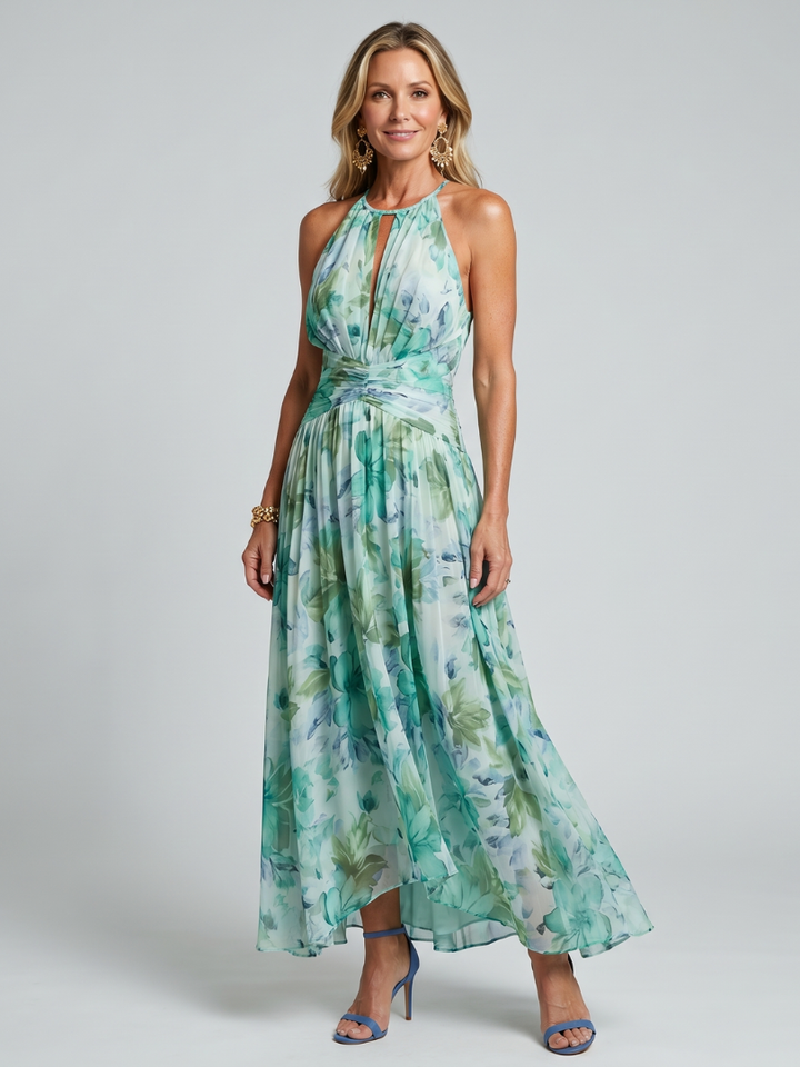 Francine | Robe midi à bretelles plissées avec motif floral doux