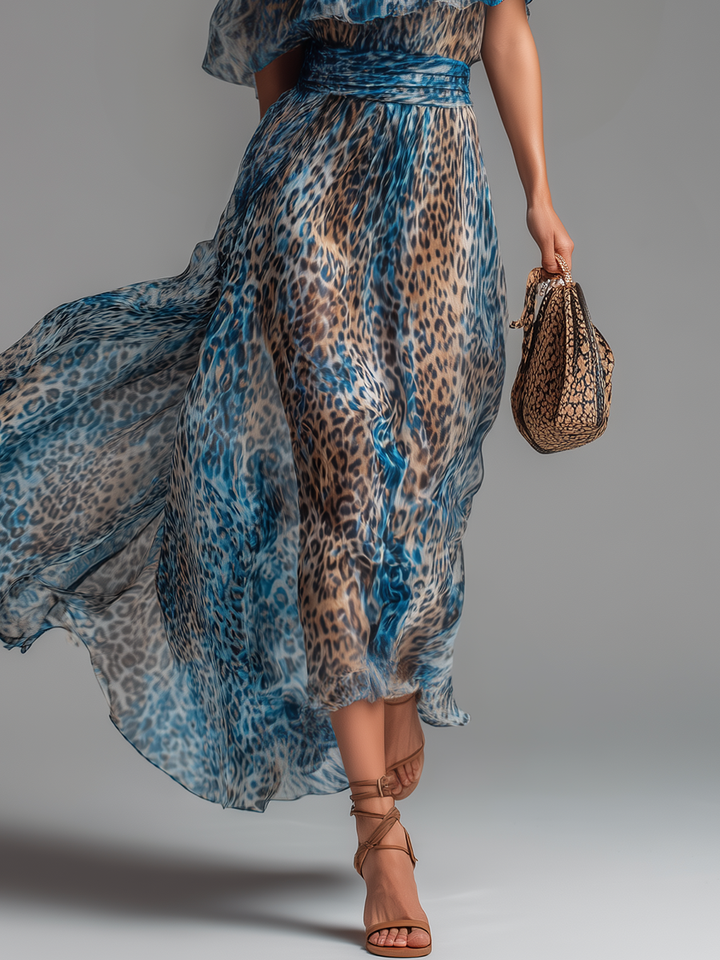 Selvaggia – Leopard Print Off-Shoulder Chiffon Maxi Dress