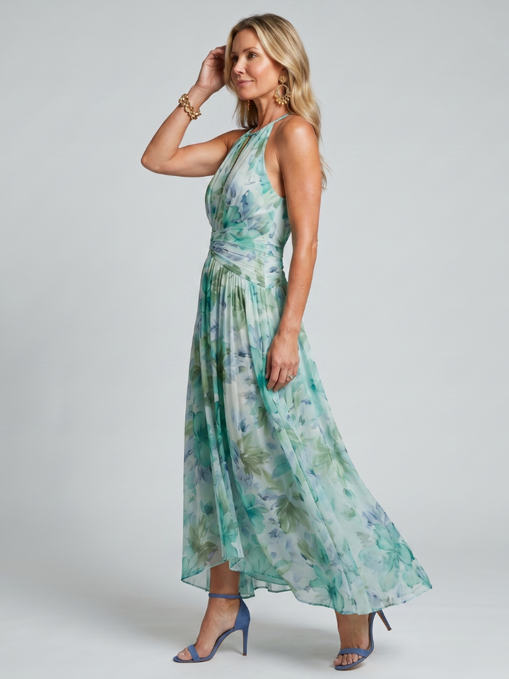 Francine | Robe midi à bretelles plissées avec motif floral doux