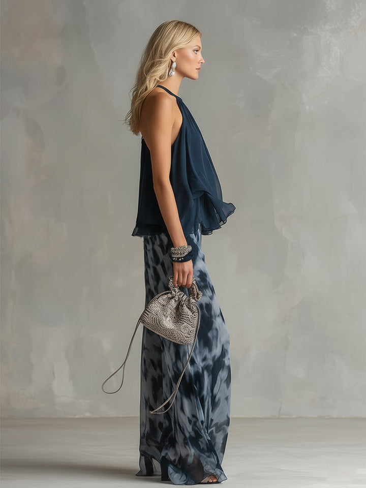Ludovica – Elegant chiffon set with high-neck top and wide-leg printed trousers