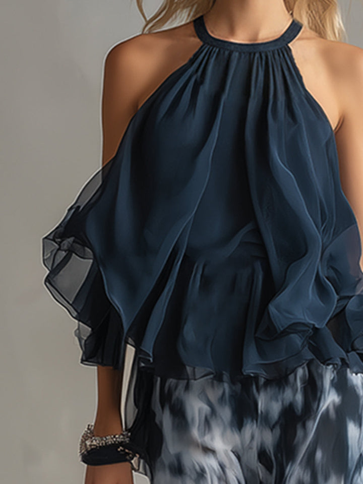 Ludovica – Elegant chiffon set with high-neck top and wide-leg printed trousers