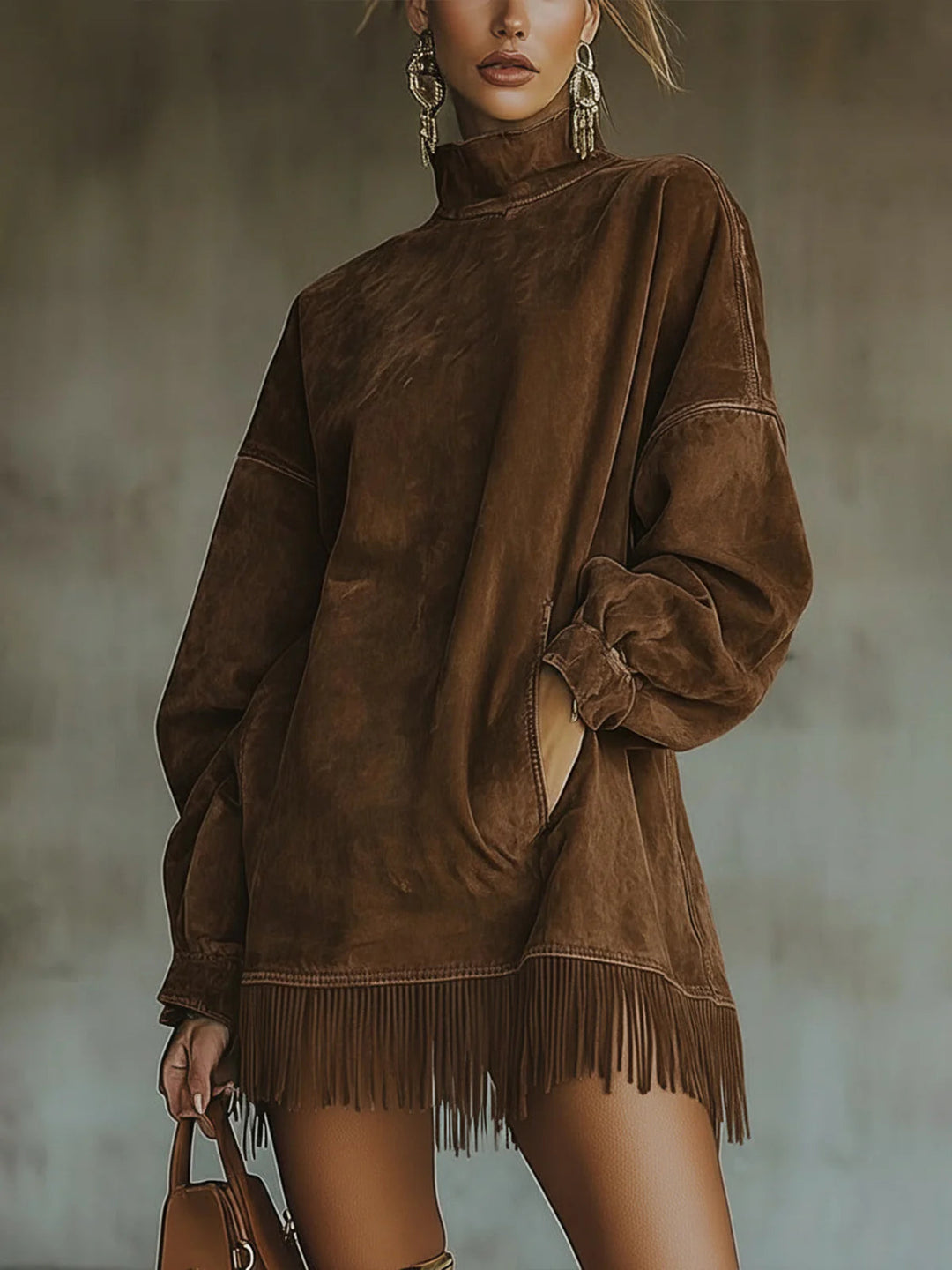 Amalia | High-Neck Suede Fringe Dress