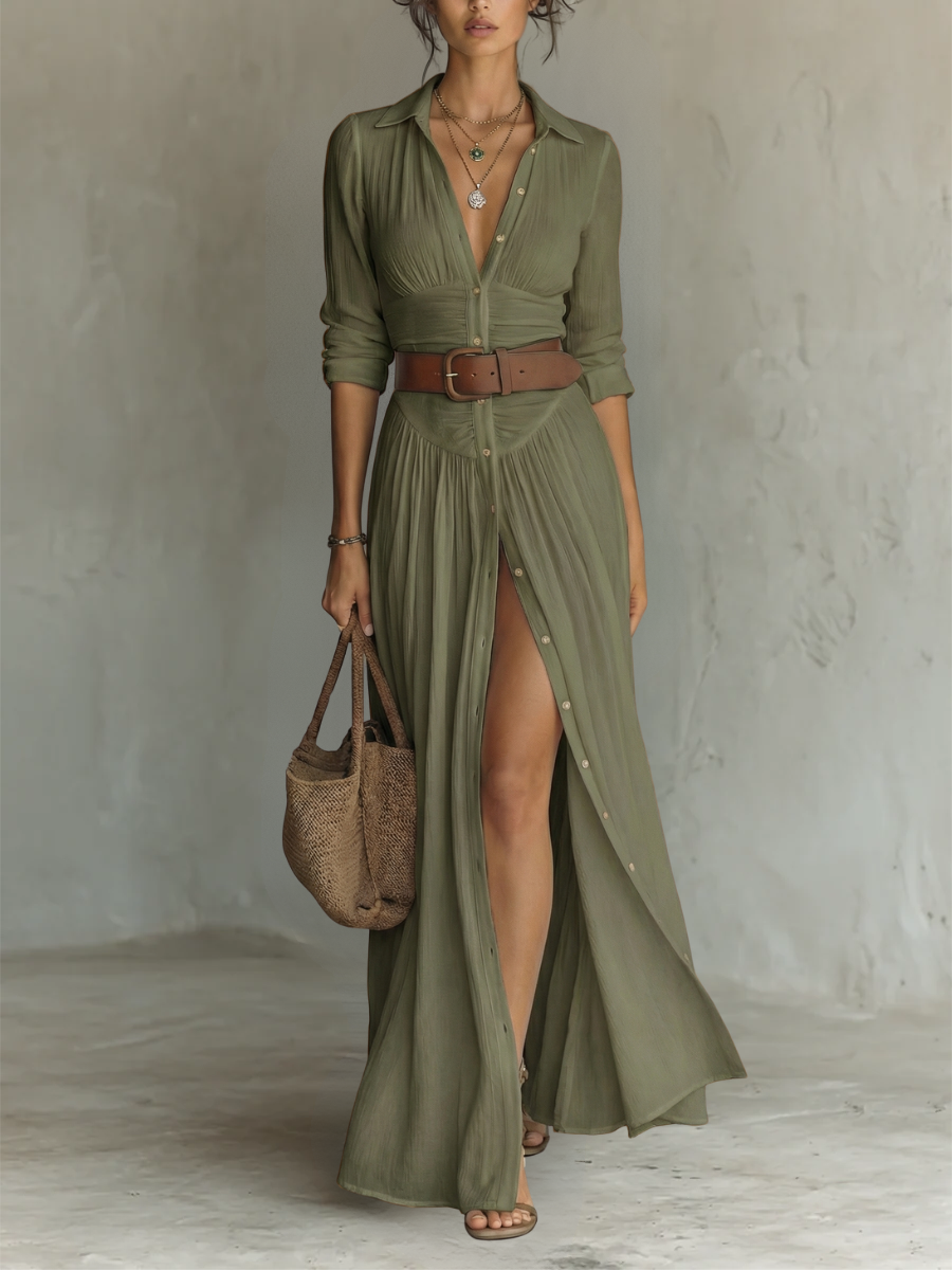 Suzanne | Robe longue à col cranté et manches longues