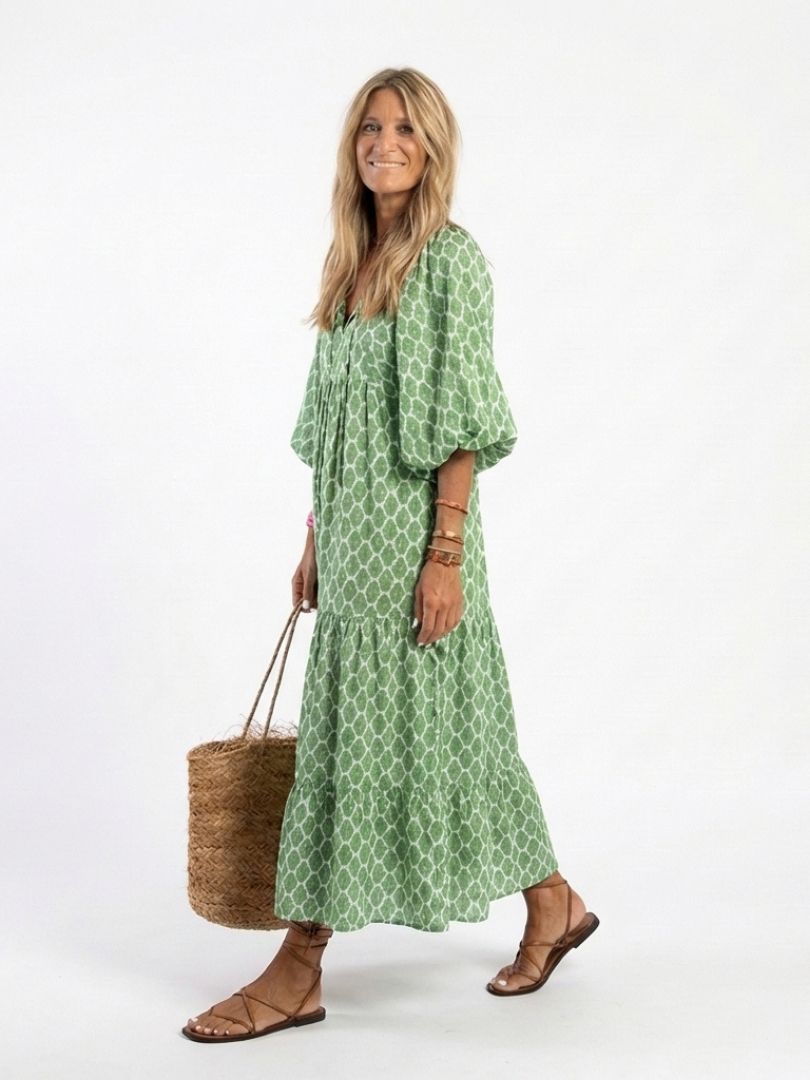 Adela | Vestido midi con cuello en V y manga tres cuartos estampado