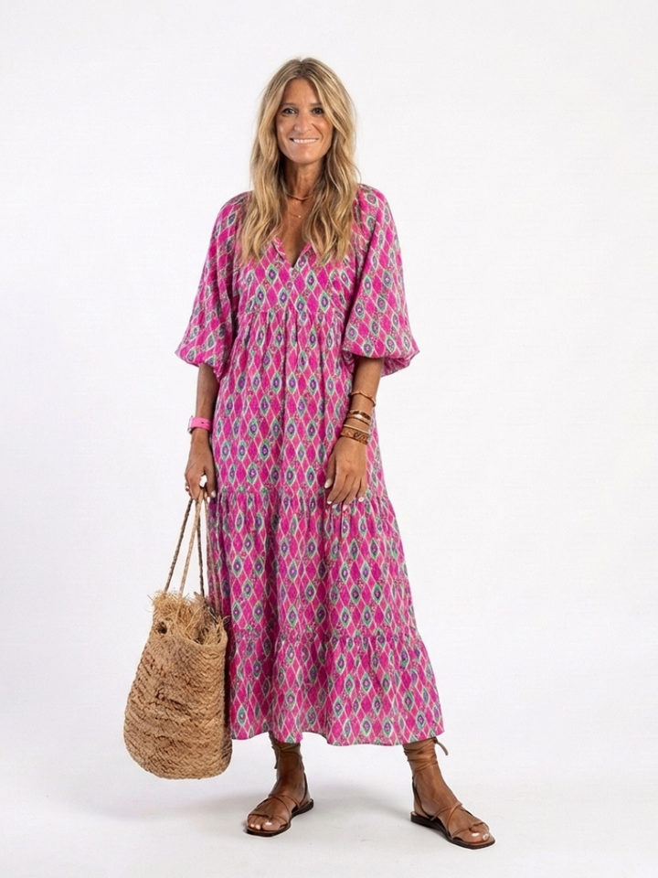 Adela | Vestido midi con cuello en V y manga tres cuartos estampado