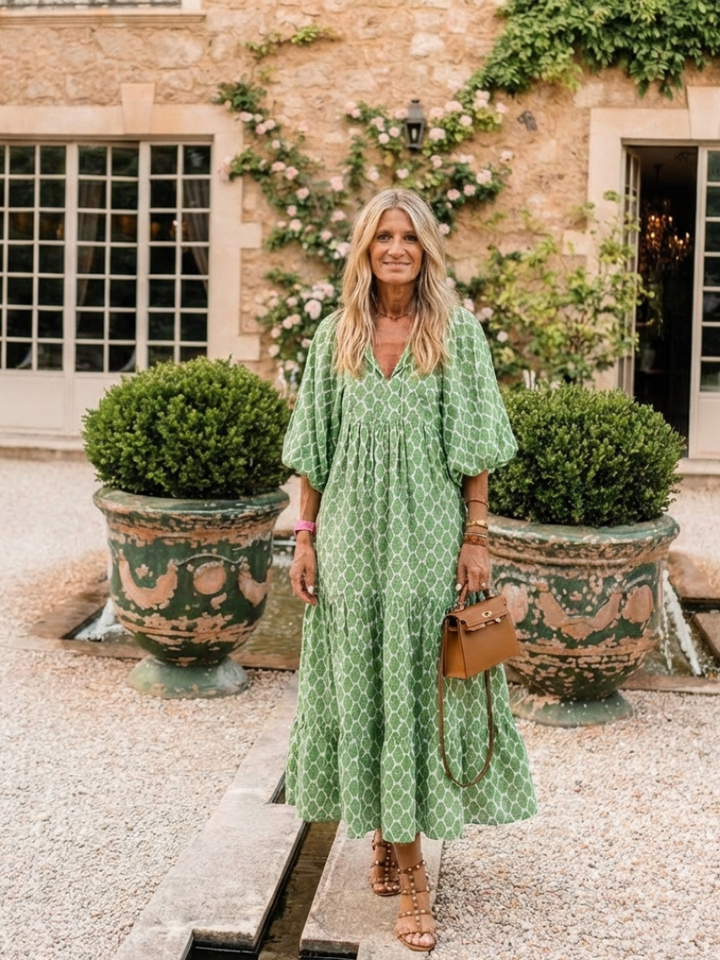 Adela | Vestido midi con cuello en V y manga tres cuartos estampado