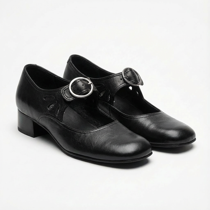Lucia | Mujer Zapatos Mary Jane Con Hebilla Redonda Y Detalles Calados | Vintage