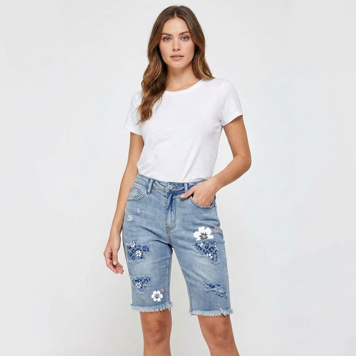 Valeria | Bermudas Azul Vaqueras Mujer Con Diseño Estampado Y Bajo Deshilachado | Casual