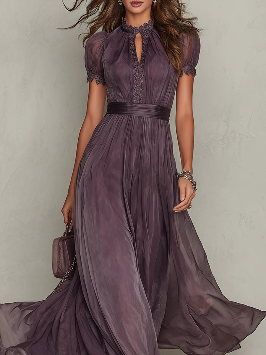 Flavia • Long Purple Dress with Keyhole Neckline & Chiffon Lace Trim