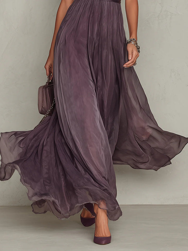Flavia • Long Purple Dress with Keyhole Neckline & Chiffon Lace Trim