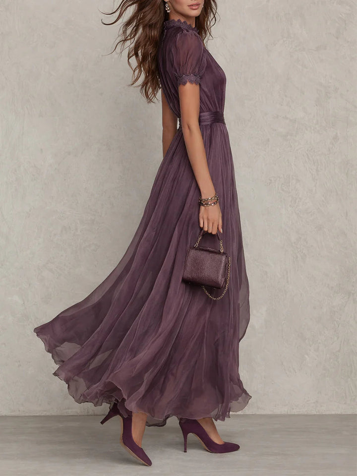 Flavia • Long Purple Dress with Keyhole Neckline & Chiffon Lace Trim