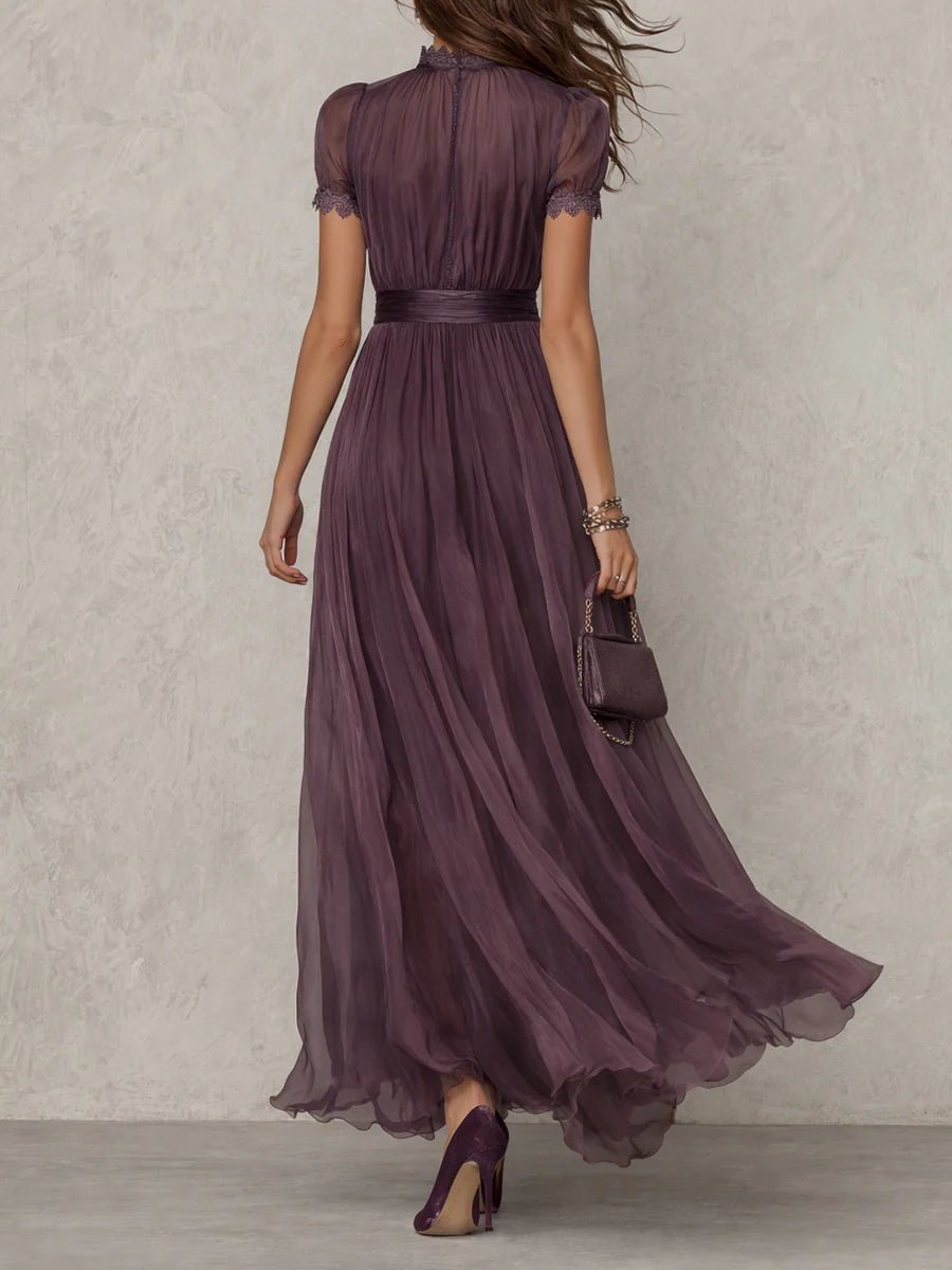 Flavia • Long Purple Dress with Keyhole Neckline & Chiffon Lace Trim