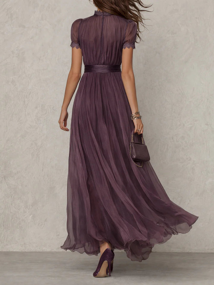 Flavia • Long Purple Dress with Keyhole Neckline & Chiffon Lace Trim