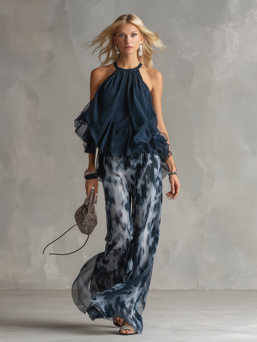Ludovica – Elegant chiffon set with high-neck top and wide-leg printed trousers
