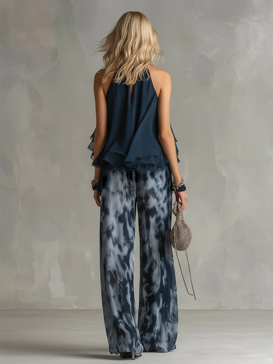 Ludovica – Elegant chiffon set with high-neck top and wide-leg printed trousers