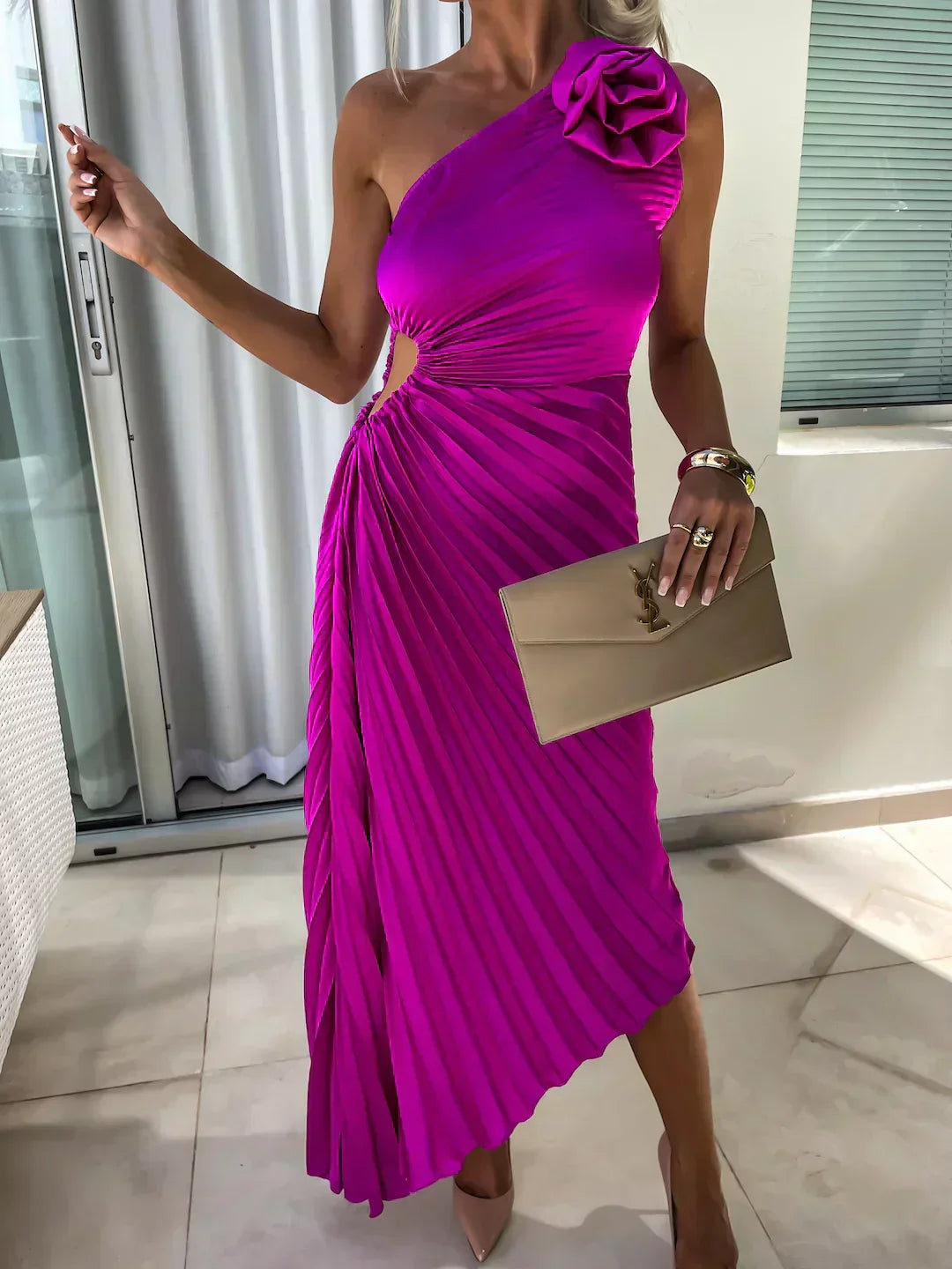 Mandy | Elegant Shoulder Pleated Dress
